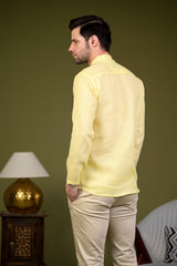 Light Yellow Linen Blend Full Sleeves Mandarin Collar Short Kurta