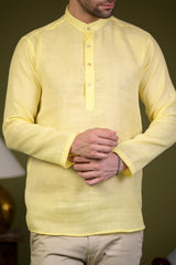 Light Yellow Linen Blend Full Sleeves Mandarin Collar Short Kurta