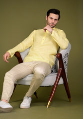 Light Yellow Linen Blend Full Sleeves Mandarin Collar Short Kurta