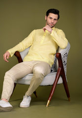 Light Yellow Linen Blend Full Sleeves Mandarin Collar Short Kurta