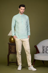 Mint Green Linen Blend Full Sleeves Mandarin Collar Short Kurta