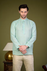Mint Green Linen Blend Full Sleeves Mandarin Collar Short Kurta