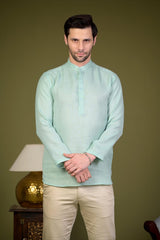 Mint Green Linen Blend Full Sleeves Mandarin Collar Short Kurta