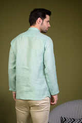 Mint Green Linen Blend Full Sleeves Mandarin Collar Short Kurta