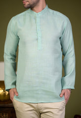 Mint Green Linen Blend Full Sleeves Mandarin Collar Short Kurta