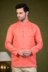Peach Linen Blend Full Sleeves Mandarin Collar Short Kurta