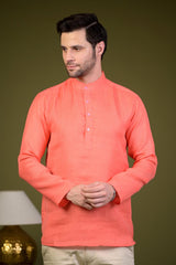 Peach Linen Blend Full Sleeves Mandarin Collar Short Kurta
