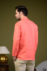 Peach Linen Blend Full Sleeves Mandarin Collar Short Kurta