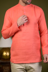Peach Linen Blend Full Sleeves Mandarin Collar Short Kurta