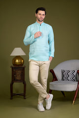Sky Blue Linen Blend Full Sleeves Mandarin Collar Short Kurta