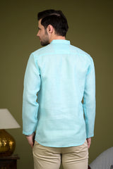Sky Blue Linen Blend Full Sleeves Mandarin Collar Short Kurta
