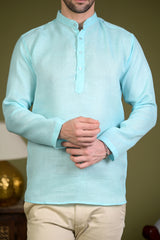 Sky Blue Linen Blend Full Sleeves Mandarin Collar Short Kurta