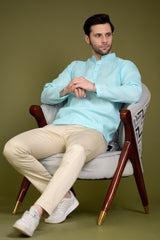 Sky Blue Linen Blend Full Sleeves Mandarin Collar Short Kurta