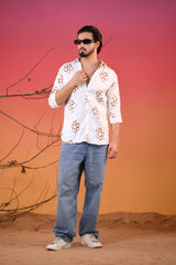 Men's Cream Bloom Double Cloth Printed Five Sleeve Shirt