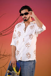 Men's Cream Bloom Double Cloth Printed Five Sleeve Shirt