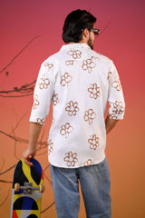Men's Cream Bloom Double Cloth Printed Five Sleeve Shirt