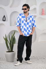 Men's Checkered Blue Print Premium Rayon Cuban Collar Shirt