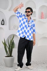 Men's Checkered Blue Print Premium Rayon Cuban Collar Shirt