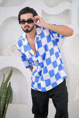 Men's Checkered Blue Print Premium Rayon Cuban Collar Shirt