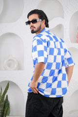 Men's Checkered Blue Print Premium Rayon Cuban Collar Shirt