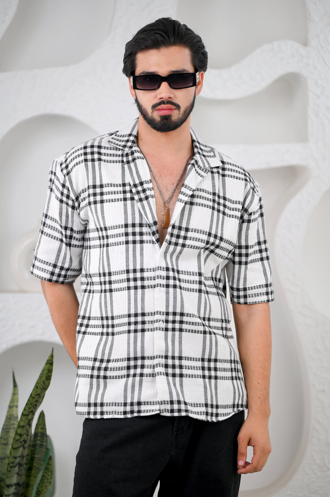 Men's White Waffle Cotton Downshoulder Shirt