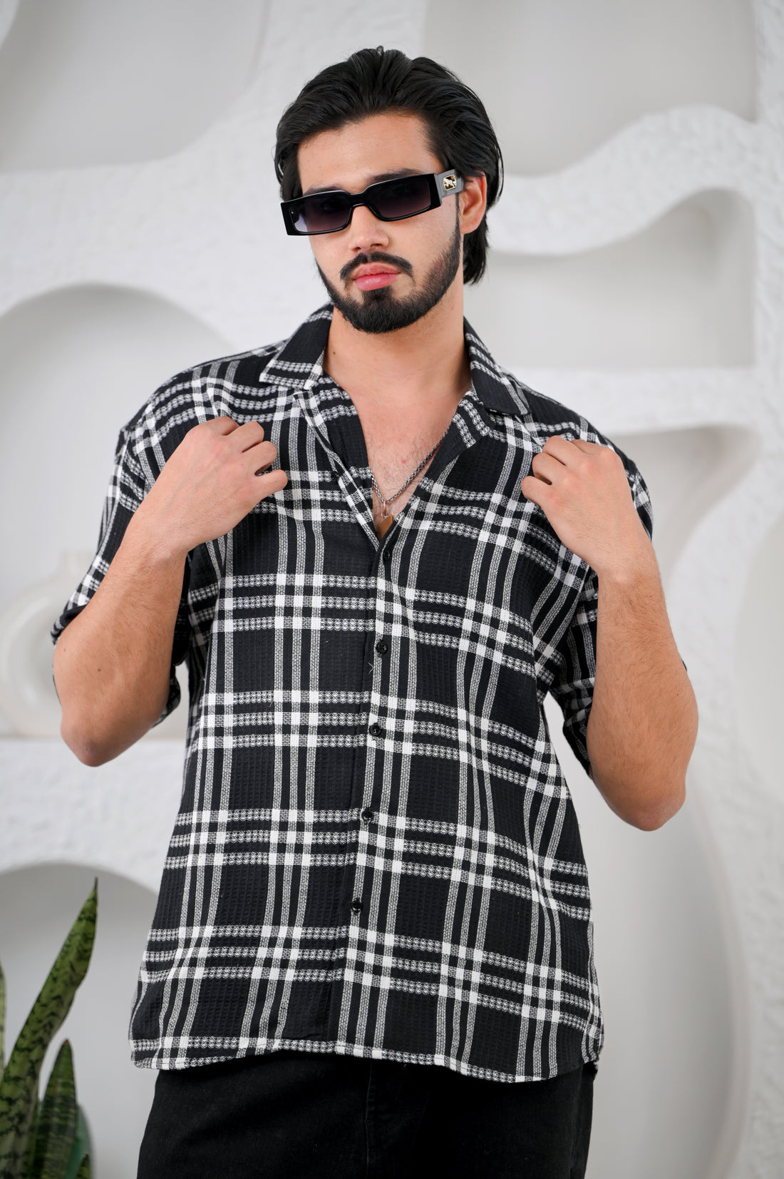 Men's Black Waffle Cotton Downshoulder Shirt