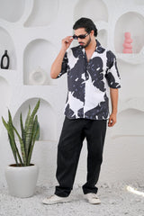 Men's Black & White Trendy Print Premium Rayon Cuban Collar Shirt