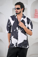 Men's Black & White Trendy Print Premium Rayon Cuban Collar Shirt