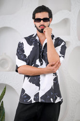 Men's Black & White Trendy Print Premium Rayon Cuban Collar Shirt