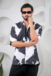 Men's Black & White Trendy Print Premium Rayon Cuban Collar Shirt