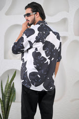 Men's Black & White Trendy Print Premium Rayon Cuban Collar Shirt