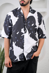 Men's Black & White Trendy Print Premium Rayon Cuban Collar Shirt