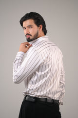 Men's White Striped Premium Satin Cotton Point Collar Shirt