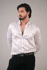 Men's White Striped Premium Satin Cotton Point Collar Shirt