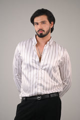 Men's White Striped Premium Satin Cotton Point Collar Shirt