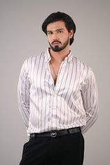 Men's White Striped Premium Satin Cotton Point Collar Shirt