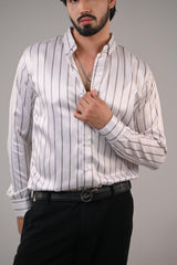 Men's White Striped Premium Satin Cotton Point Collar Shirt