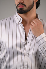 Men's White Striped Premium Satin Cotton Point Collar Shirt