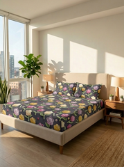 Pastel Petal Dreamscape โ 7D Floral Fitted Super king size Bedsheet