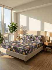 Pastel Petal Dreamscape – Floral Fitted Super king size 7D Bedsheet - Furnish Factory