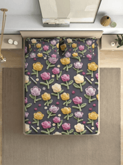 Pastel Petal Dreamscape – Floral Fitted Super king size 7D Bedsheet - Furnish Factory