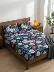 Midnight Garden Whisper – 7D Floral Fitted Super king size Bedsheet