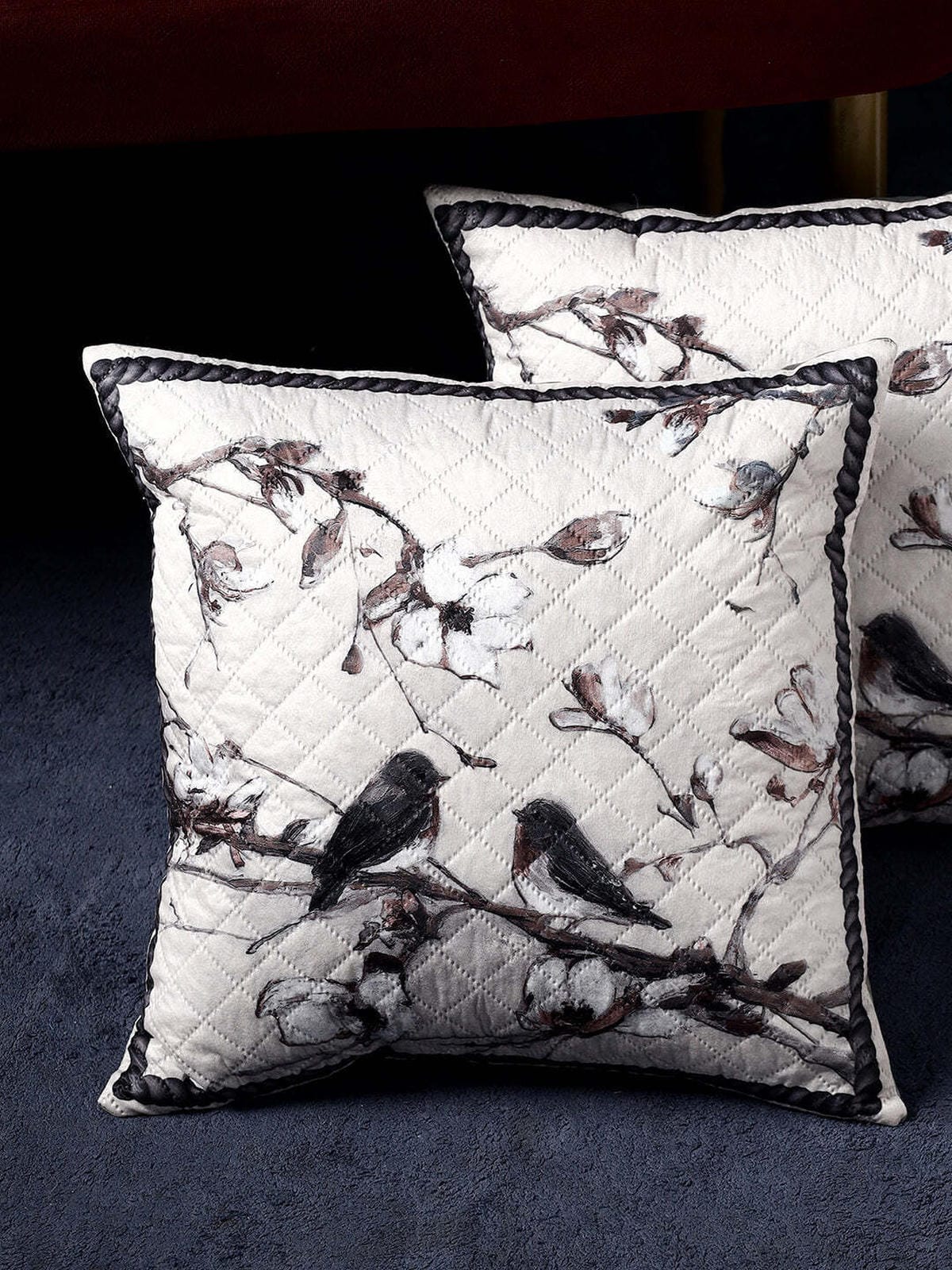Birdsong & Blossoms Design– Premium Quilted Cushion Cover – 16 x 16 inches - Furnish Factory