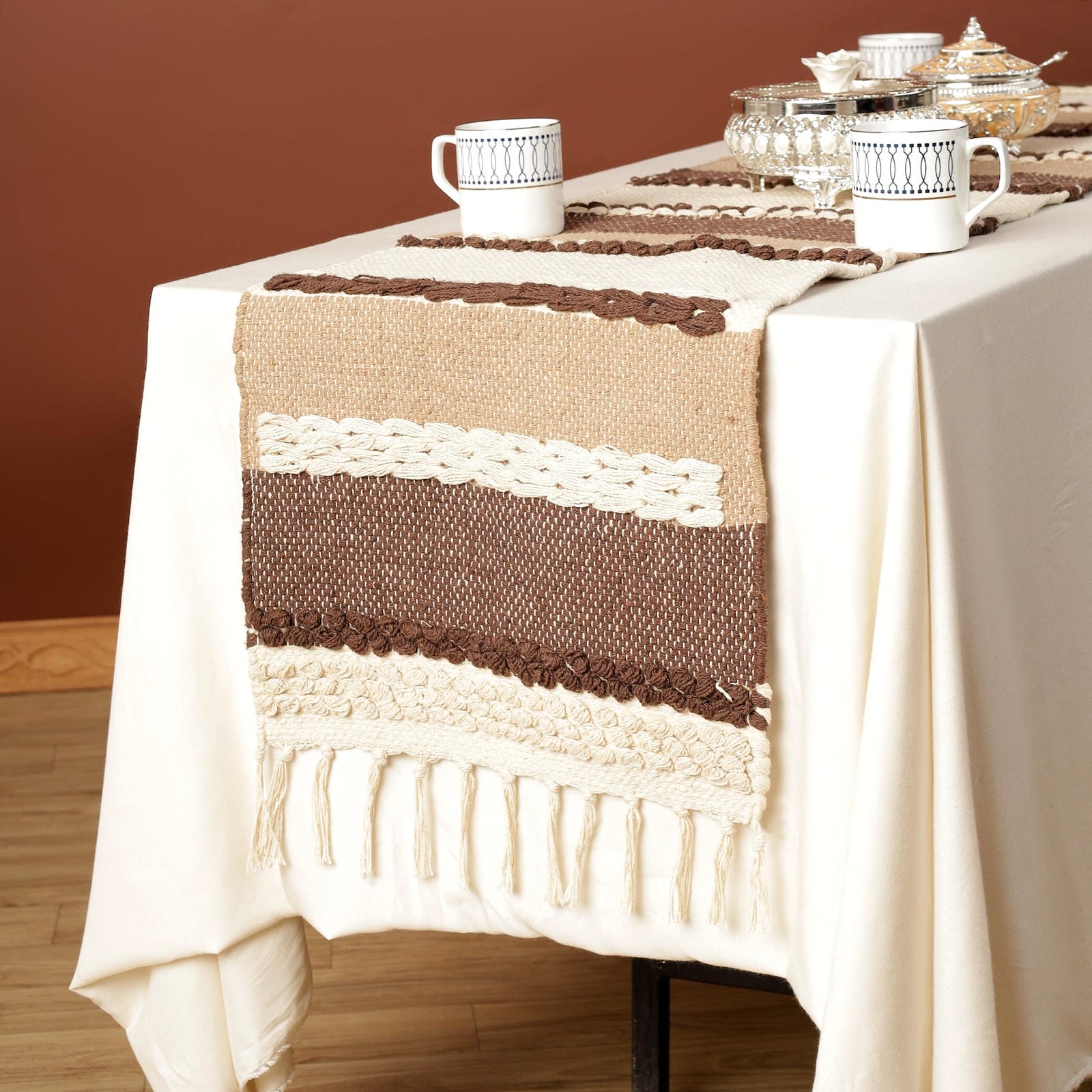 Dark Brown and Biege Table Runner with tassels - Furnish Factory