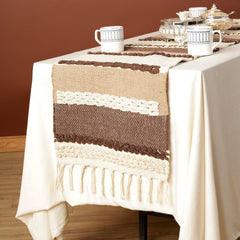 Dark Brown and Biege Table Runner with tassels - Furnish Factory