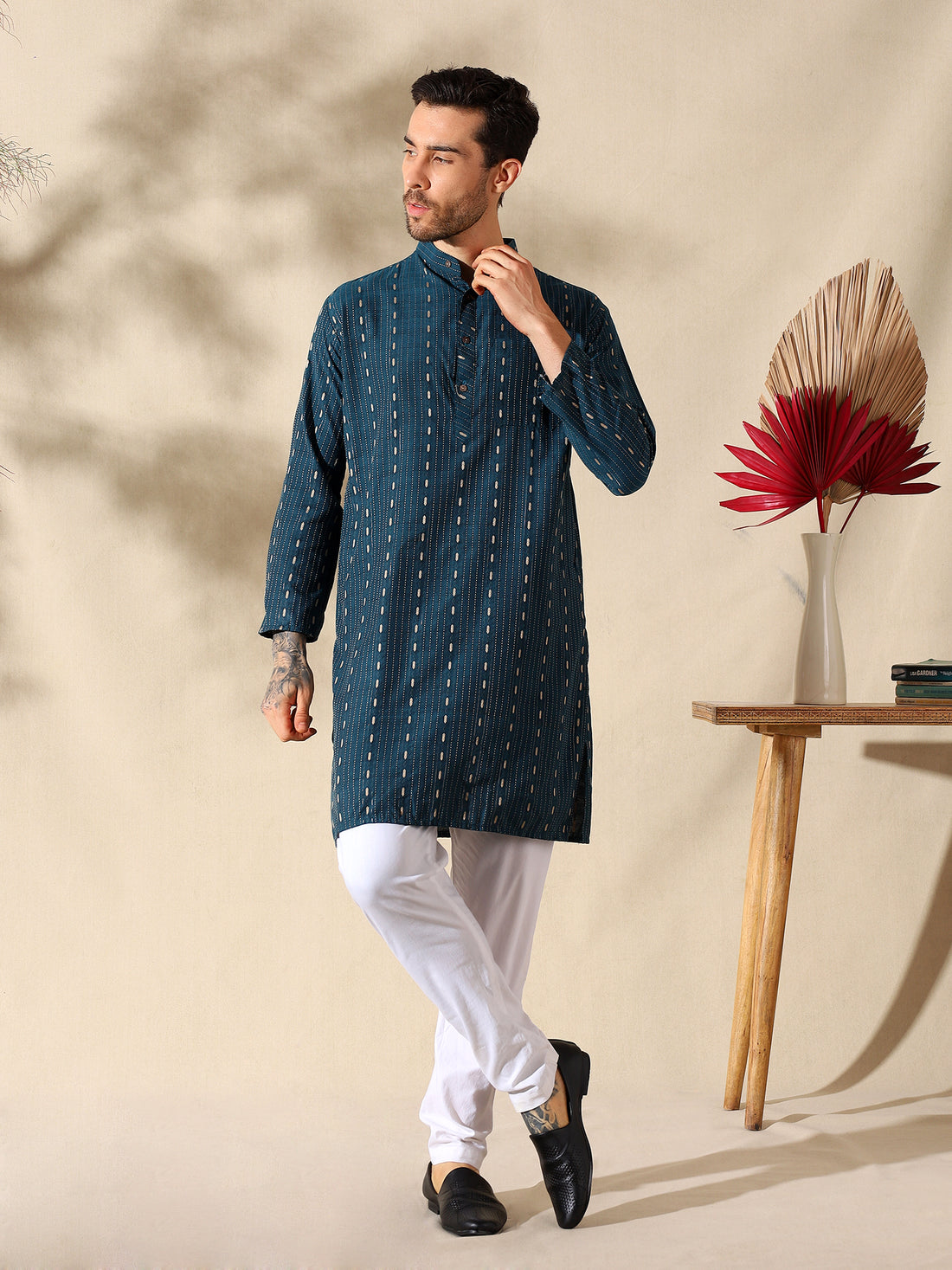 Teal Elegance Woven Cotton Kurta