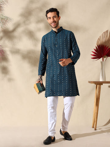 Teal Elegance Woven Cotton Kurta