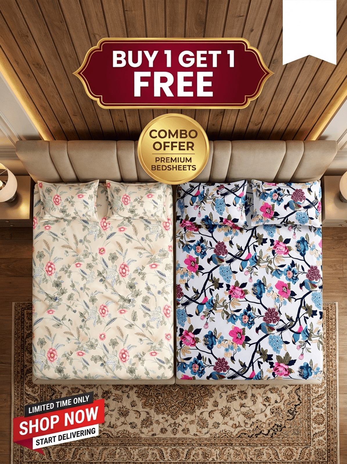 Floral Bliss And Birdsong Bloom Cotton Blend Bedsheet - Furnish Factory