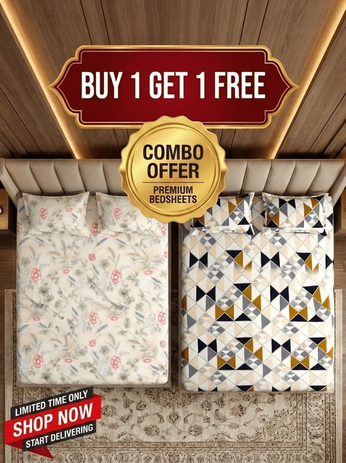 Floral Bliss And Geometric Harmony Cotton Blend Bedsheet - Furnish Factory