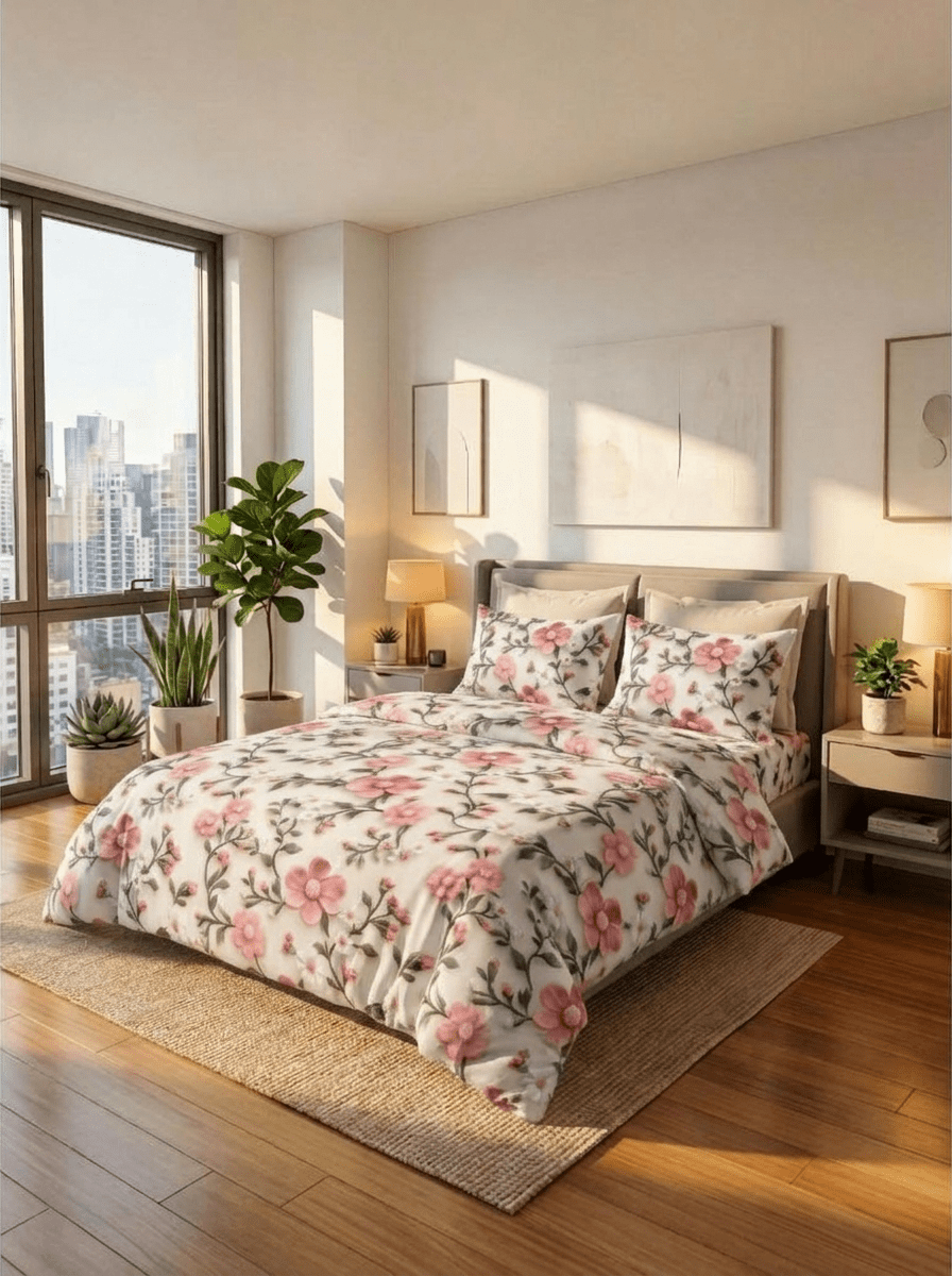 Blush Blossom Charm – Floral 7D Bedsheet Printed Super King Size - Furnish Factory